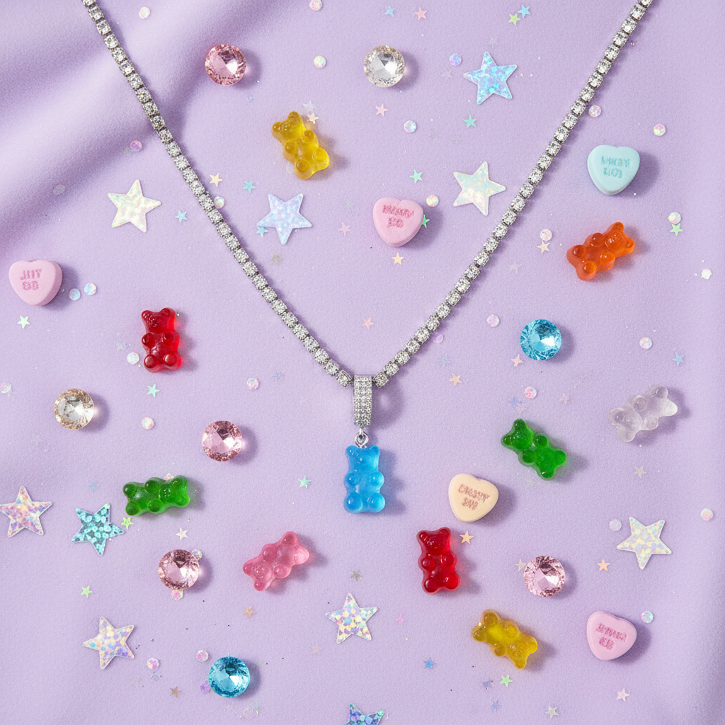 Diamond Bear Cartoon Necklace kawaii flat lay on lavender background with rhinestones, gummy bears and glitter