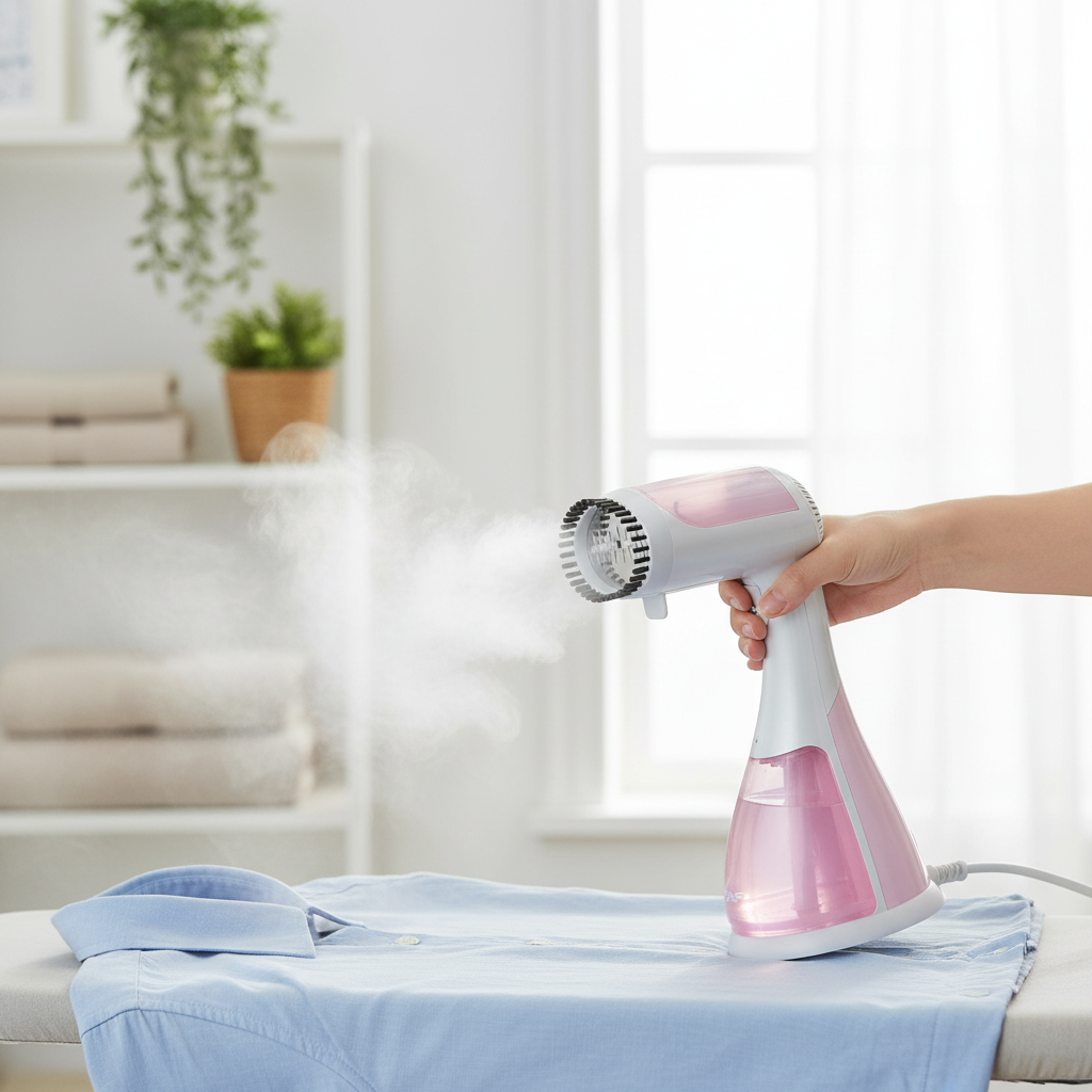 Portable garment steamer used horizontally on flat surface showing 2-in-1 use