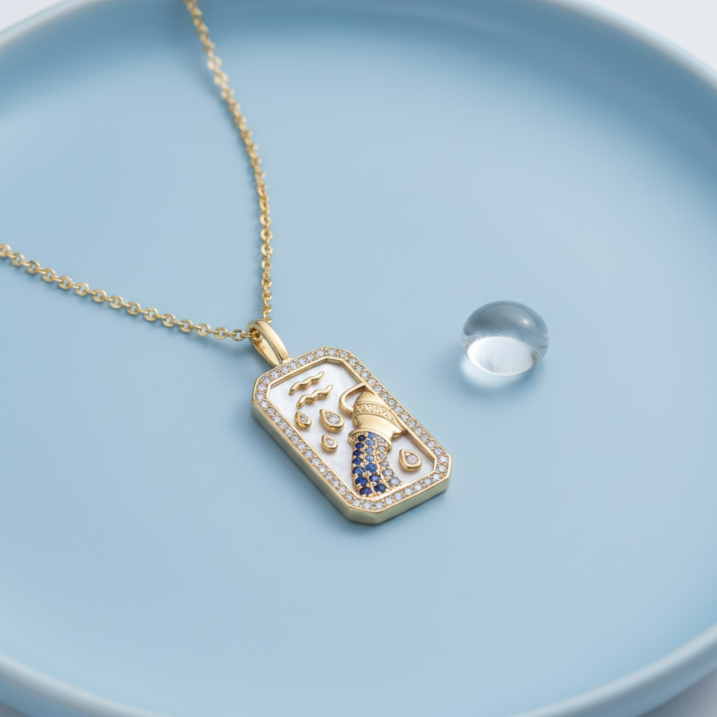 Aquarius Zodiac Diamond Pendant Necklace – Blue Ceramic Display