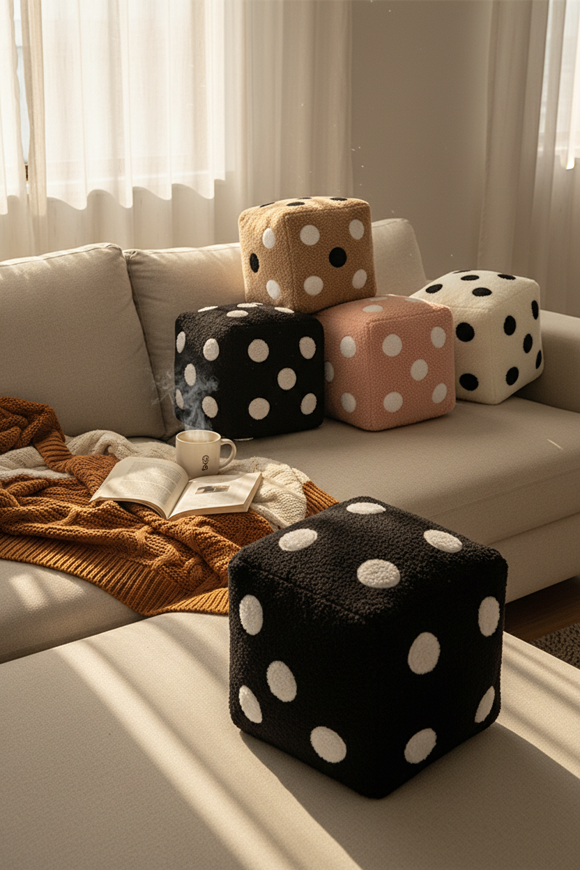 Fluffy dice throw pillow styled on modern sofa with knit blanket - lifestyle