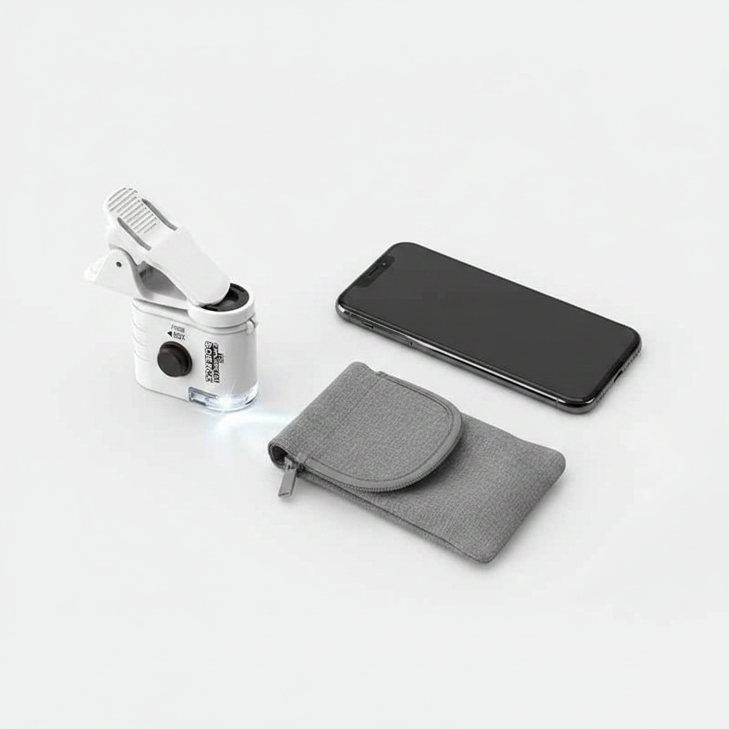 60x clip-on phone microscope with LED light flat lay next to smartphone and carry pouch