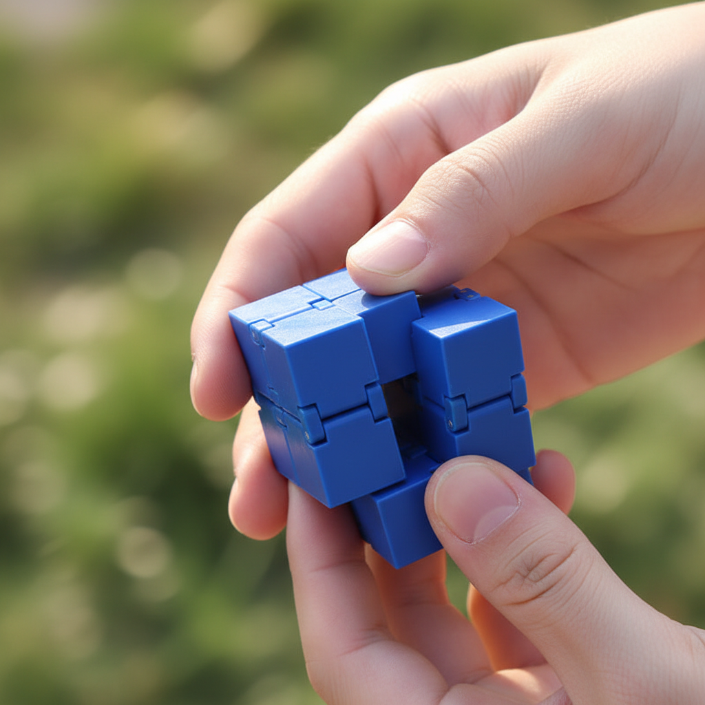 Infinity cube fidget toy held in one hand with fingers folding it outdoors with blurred background