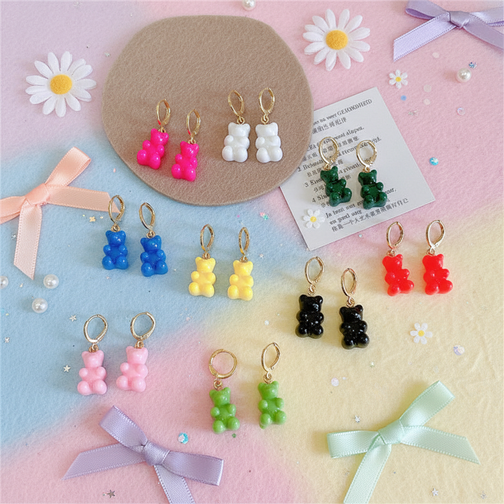 Korean Colorful Candy Bear Earrings flat lay