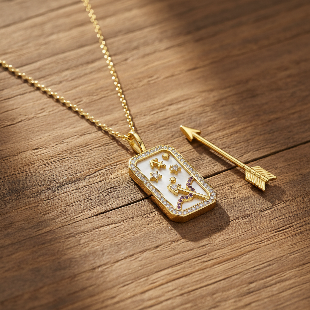 Sagittarius Zodiac Diamond Pendant Necklace – Rustic Wood Arrow Display