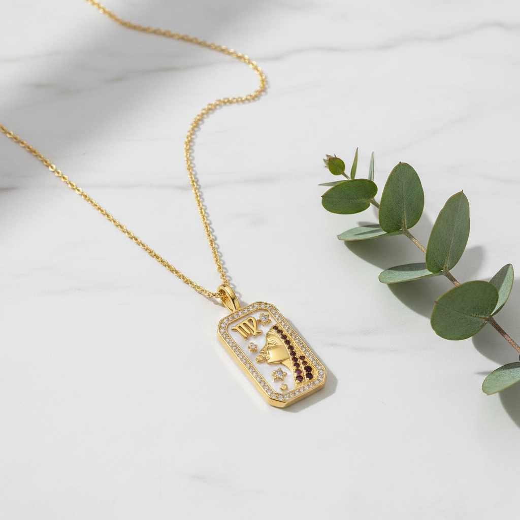 Virgo Zodiac Diamond Pendant Necklace – White Marble Eucalyptus Display