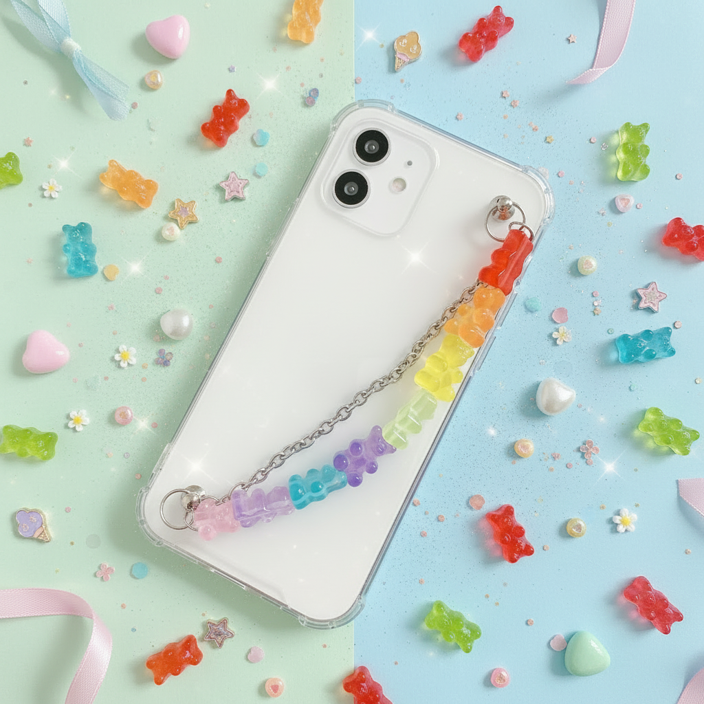 Candy Bear Bracelet Phone Case kawaii flat lay gummy bears sparkles