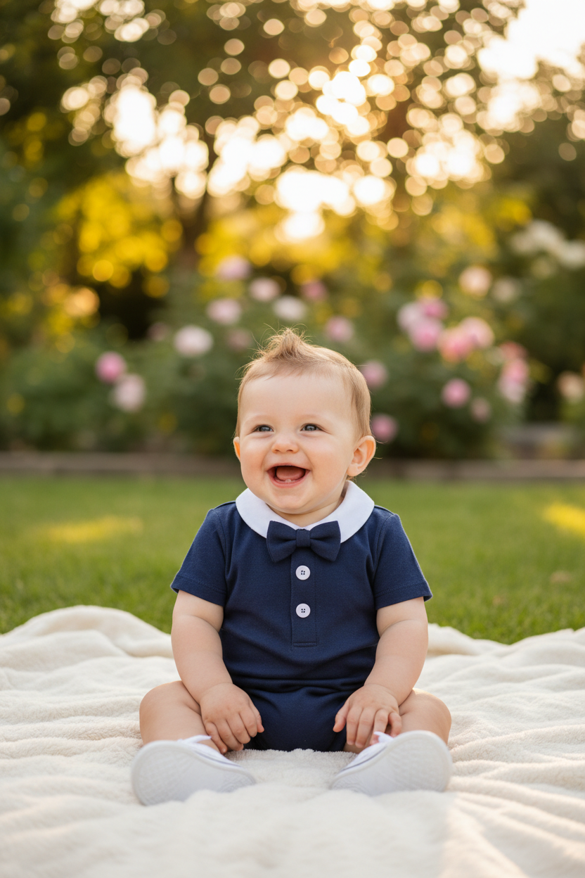 Smiling baby boy in gentleman one-piece romper outdoors in garden