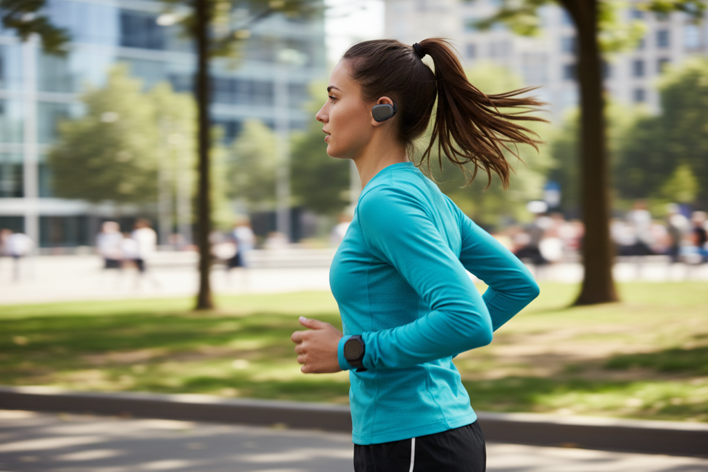 Person wearing mini bone conduction bluetooth speaker while jogging outdoors