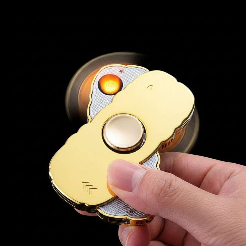 USB rechargeable fidget spinner lighter held between fingers showing spinning mechanism and charging port