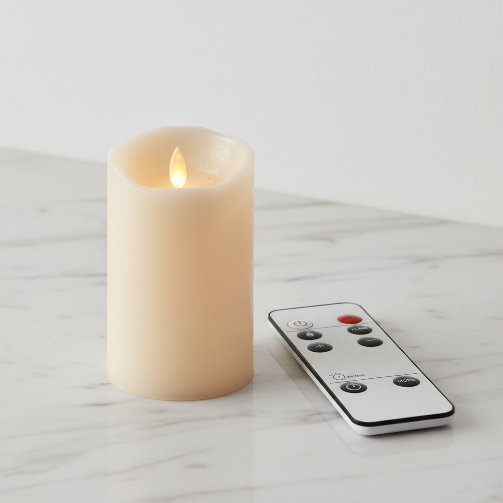 LED flameless candle with remote control on white marble surface
