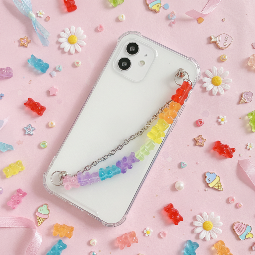 Candy bear phone case flat lay with gummy bears and flowers
