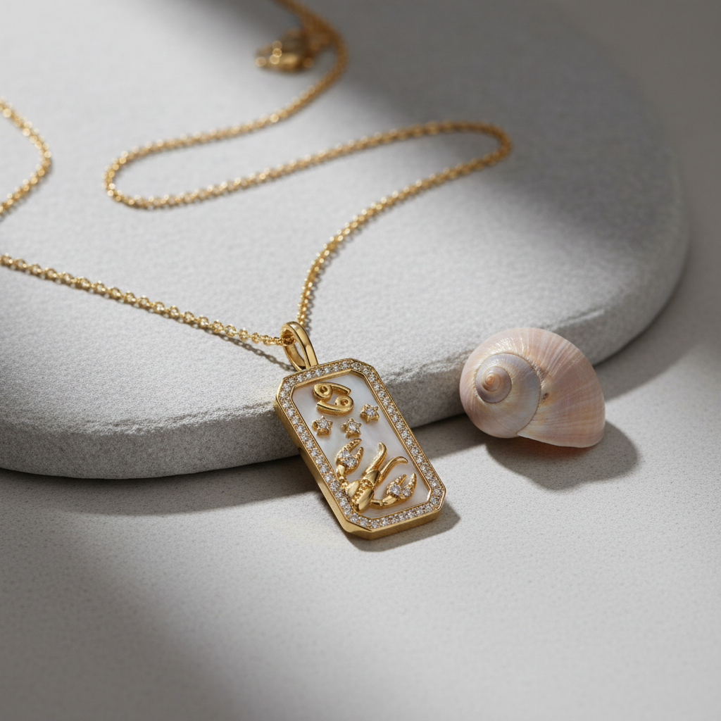 Cancer Zodiac Diamond Pendant Necklace – Stone and Seashell Display
