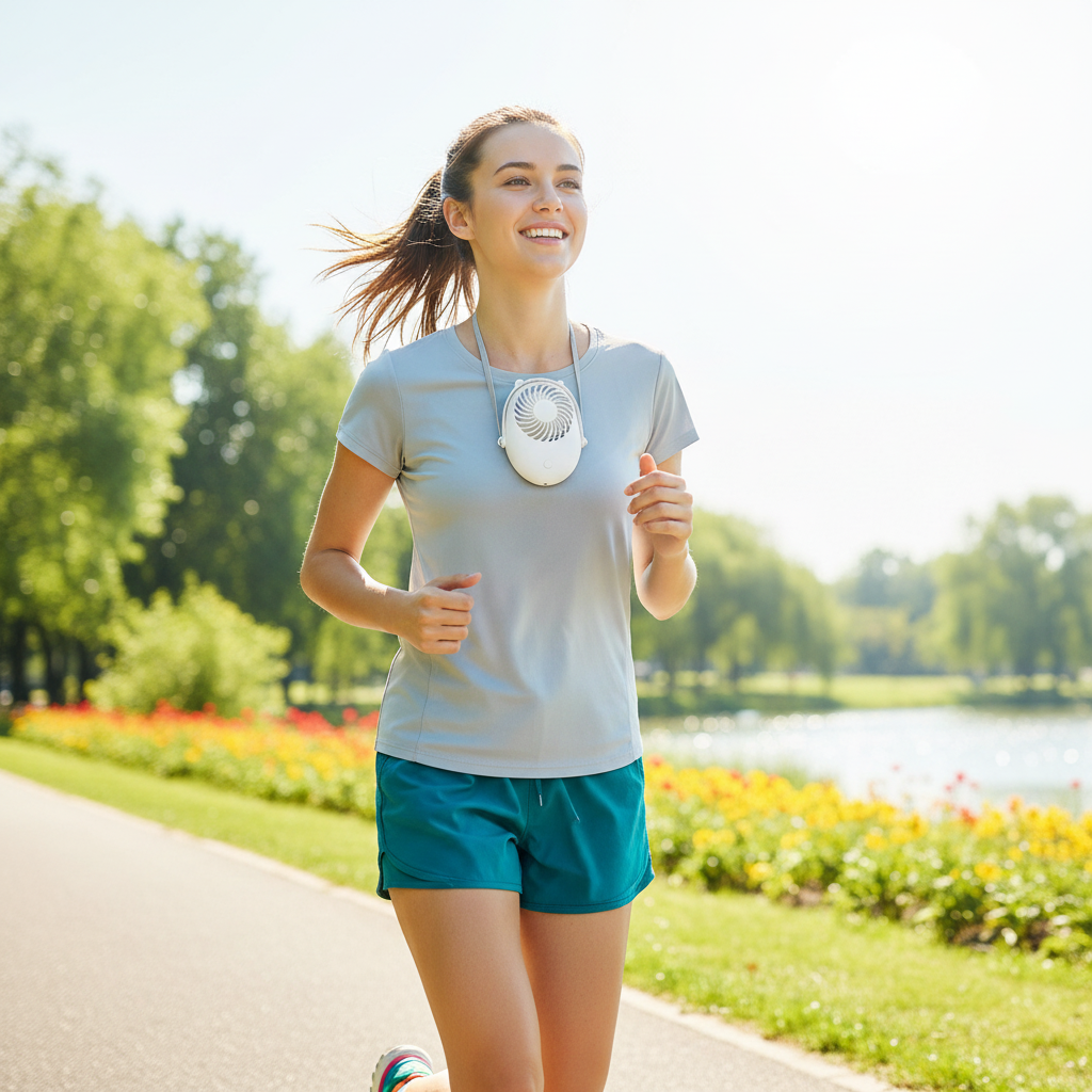 Person wearing hands-free neck fan while jogging outdoors