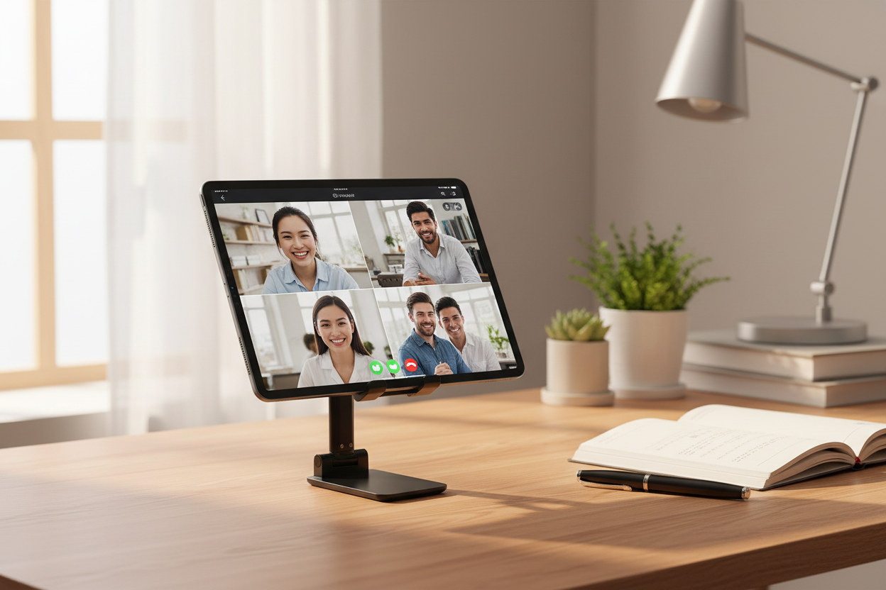 Foldable tablet stand holding tablet for video call