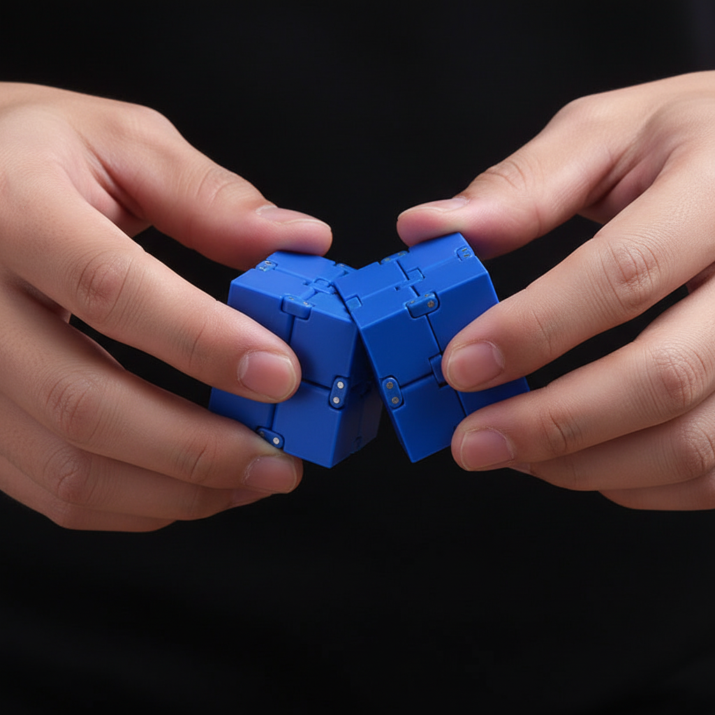 Infinity cube fidget toy being folded and manipulated between both hands showing the mechanism