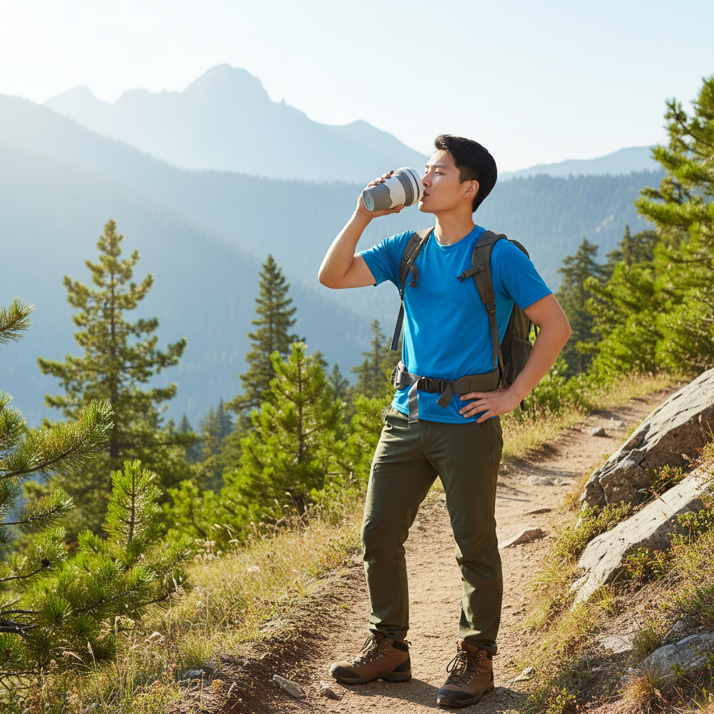 Person drinking from portable silicone folding cup while hiking outdoors
