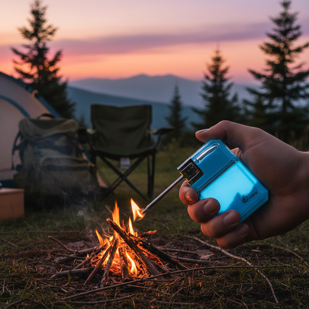 Luminous quicksand windproof butane lighter being used to light a campfire outdoors at dusk