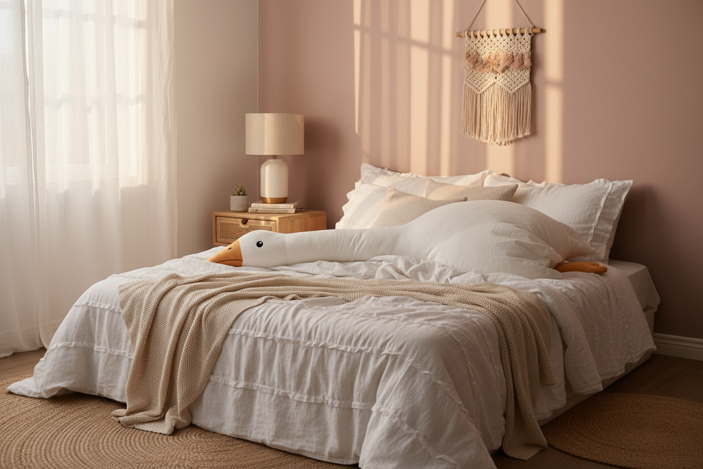 Giant White Goose Plush Pillow on a cozy bed with soft white bedding and warm golden hour lighting
