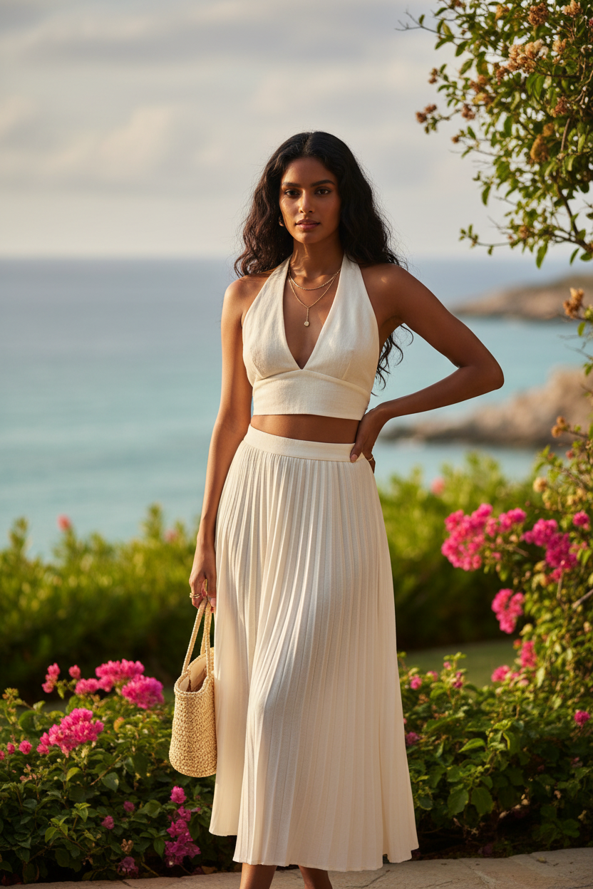 South Asian woman wearing 2-piece halter and pleated skirt outfit outdoors