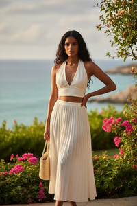 Divine Elegance: Women's Halter Lace-Up Top & Pleated Skirt Dress Suit