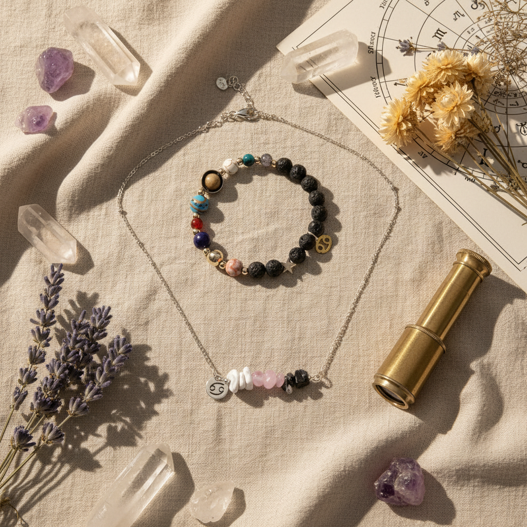 Natural stone zodiac jewelry flat lay on linen with crystals and dried flowers