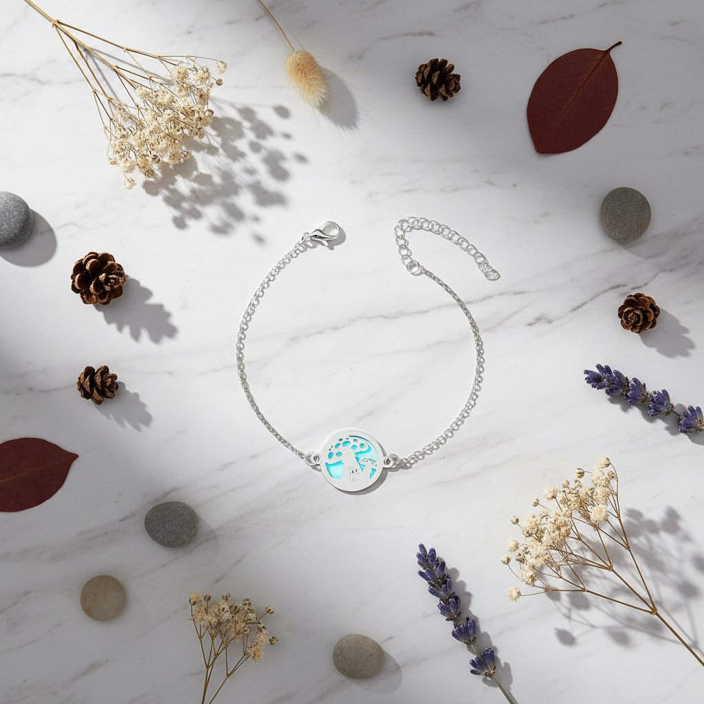 Glow-in-the-dark brass mushroom bracelet flat lay with dried flowers on white marble