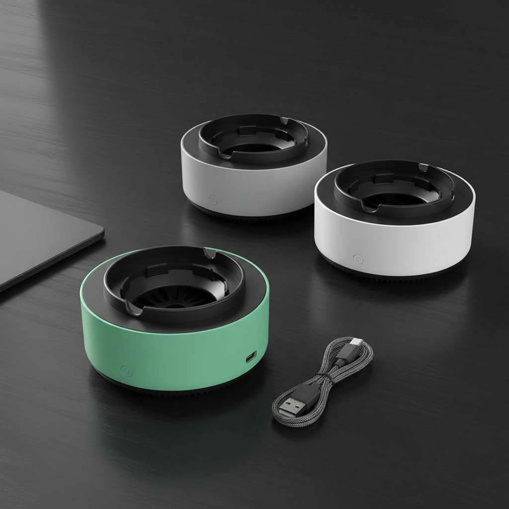 Portable smokeless ashtray flat lay on dark surface showing USB port and compact design