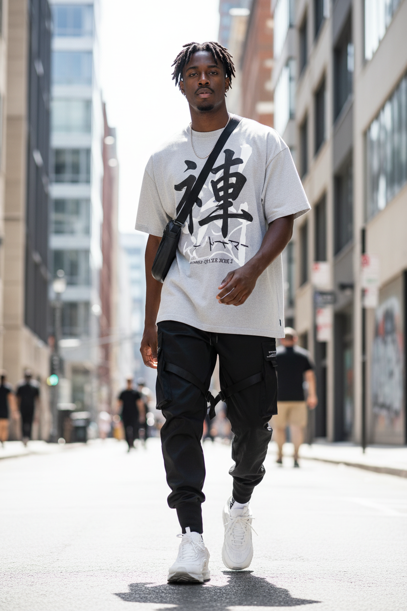 Man in relaxed harem cargo pants walking city street graphic tee streetwear