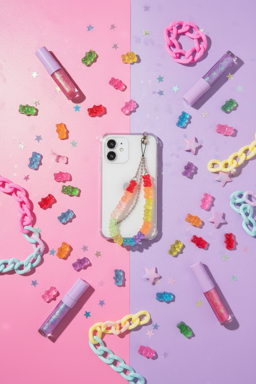 Y2K Candy Bear Bracelet Phone Case kawaii flat lay