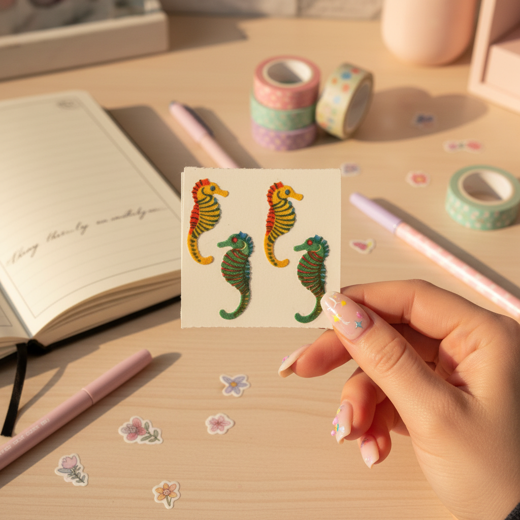 1980s Vintage Great Seven Fuzzy Flocked Seahorse Sticker Sheet - NOS Collectible