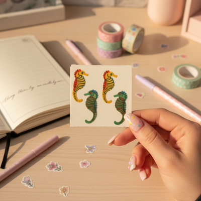 1980s Vintage Great Seven Fuzzy Flocked Seahorse Sticker Sheet - NOS Collectible