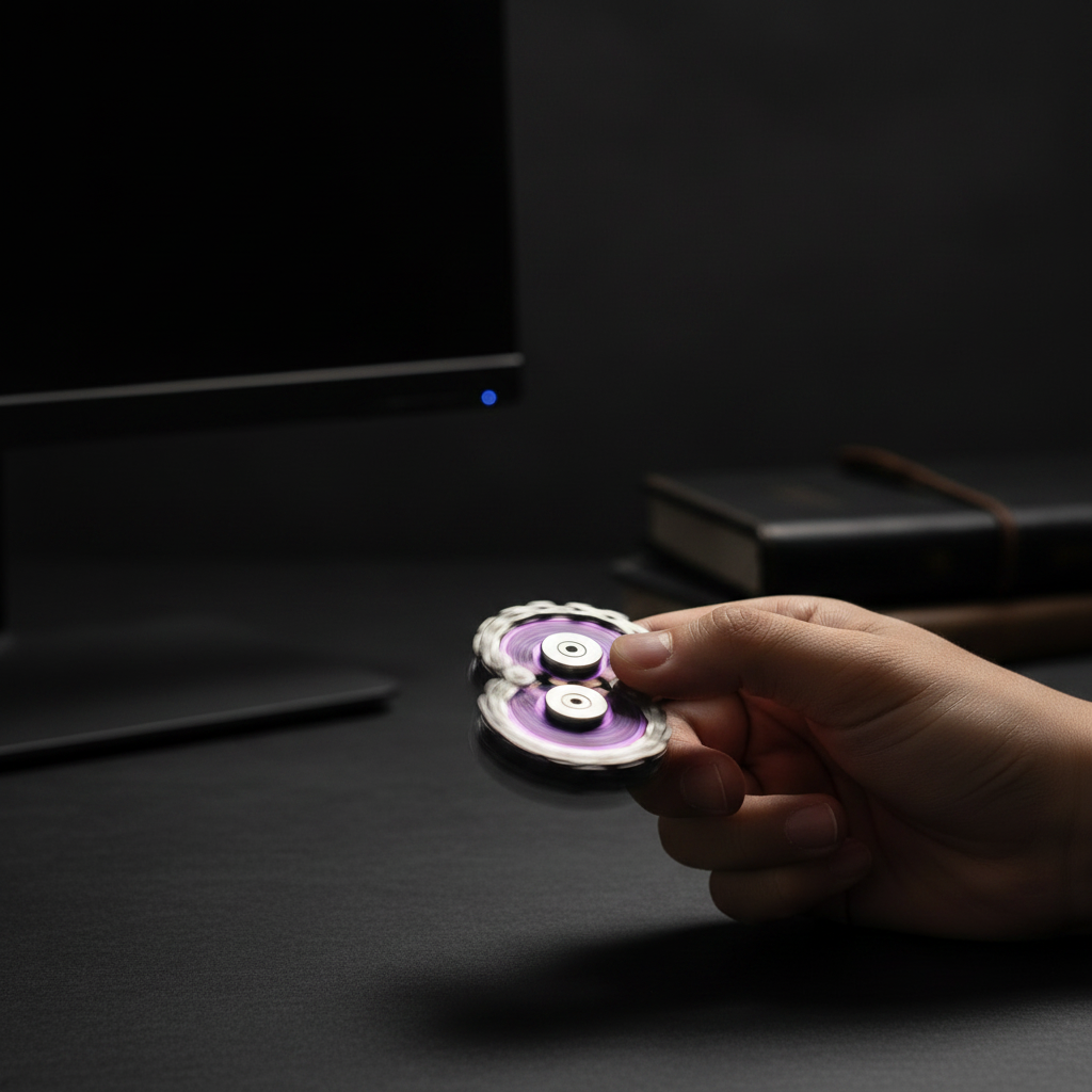 Stainless steel chain gear fidget spinner being spun between fingers with motion blur