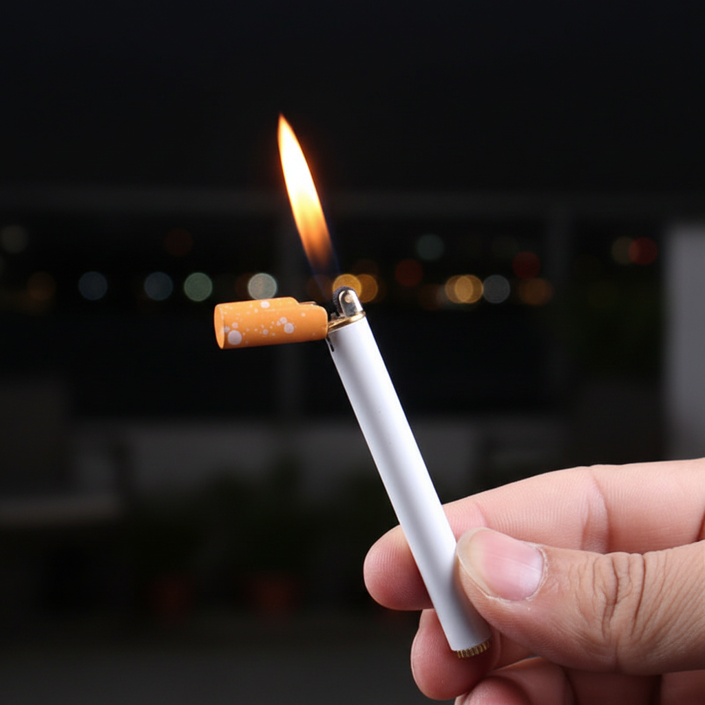 Mini cigarette-shaped metal kerosene lighter with flame lit held between fingers outdoors at night