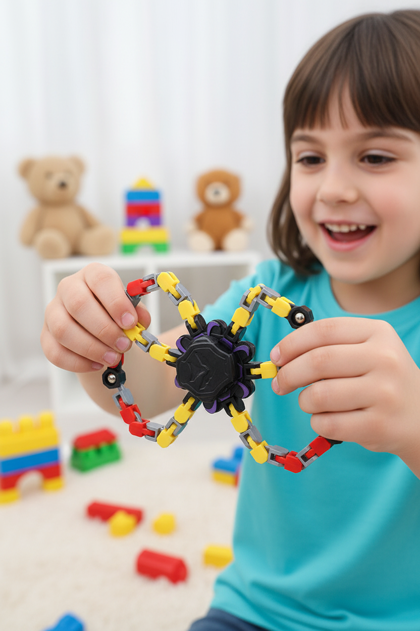 Child playing with deformed fidget spinner chain toy - lifestyle