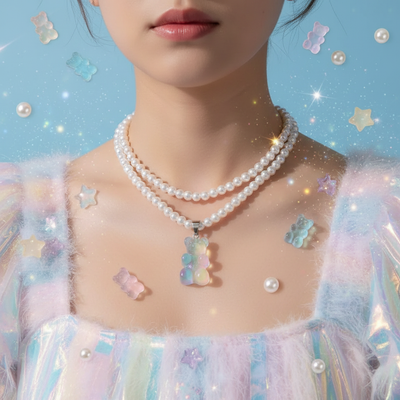 Transparent Gummy Bear Pearl Necklace – Y2K Jelly Bear Pendant in 4 Colors