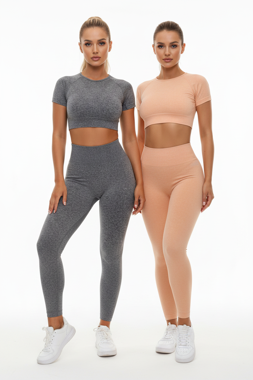 Woman wearing seamless yoga sport set with leggings and short sleeve crop top