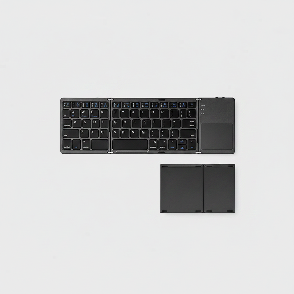 Folding Bluetooth keyboard shown folded and unfolded flat lay on white desk
