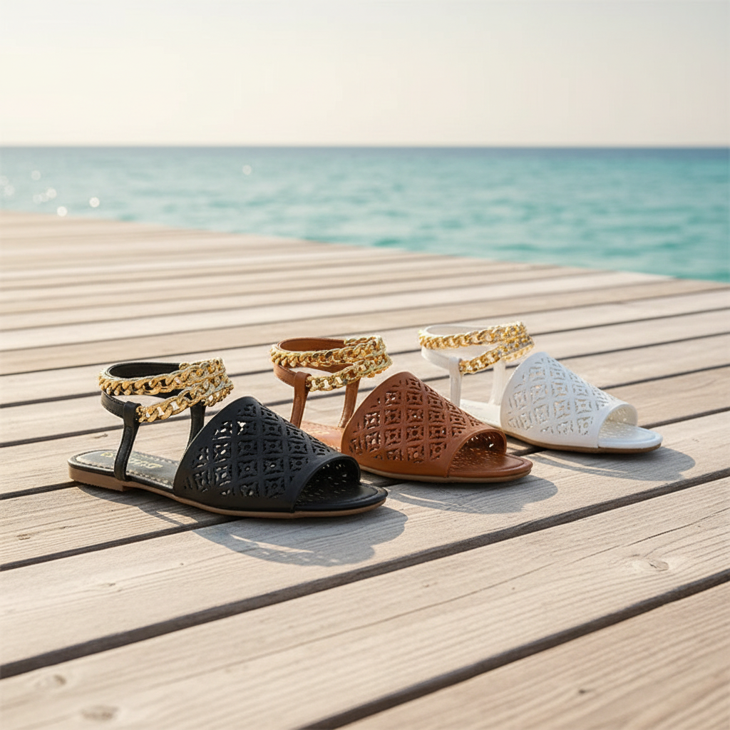 Women's Chain Strap Flat Beach Sandals – Black Brown White