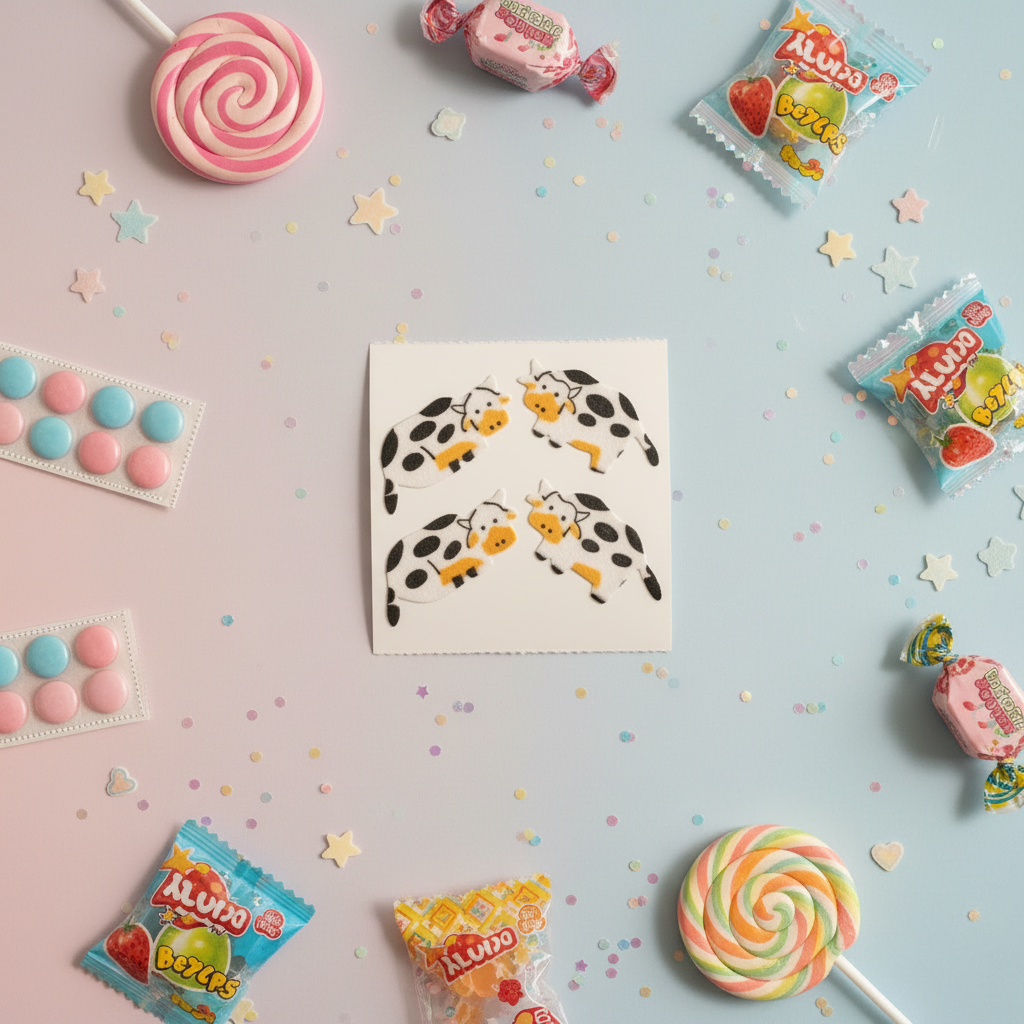 Vintage Great Seven Fuzzy Flocked Cows Sticker Sheet — pastel lifestyle shot