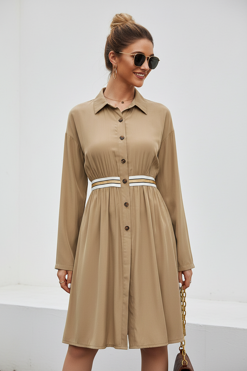 Woman wearing casual loose summer dress, alternate angle
