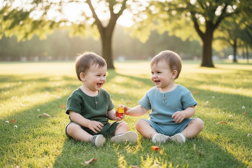 Baby boy and girl wearing matching short-sleeved summer suits playing in sunny park