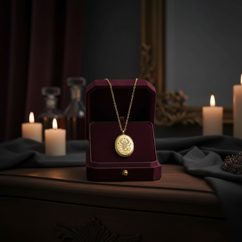 Scorpio Zodiac Oval Pendant Necklace – Gold Titanium Steel