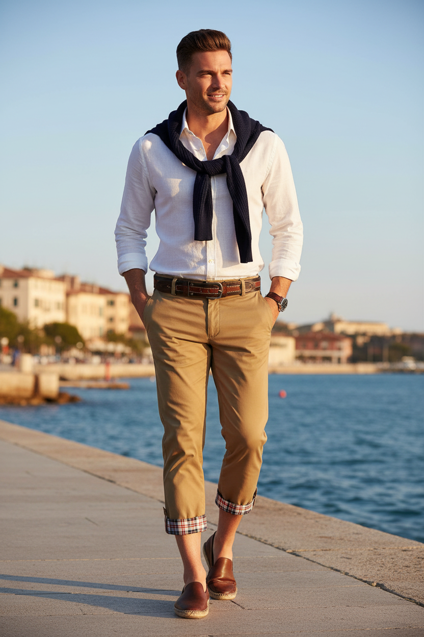 Man wearing 7-point pants walking along waterfront promenade