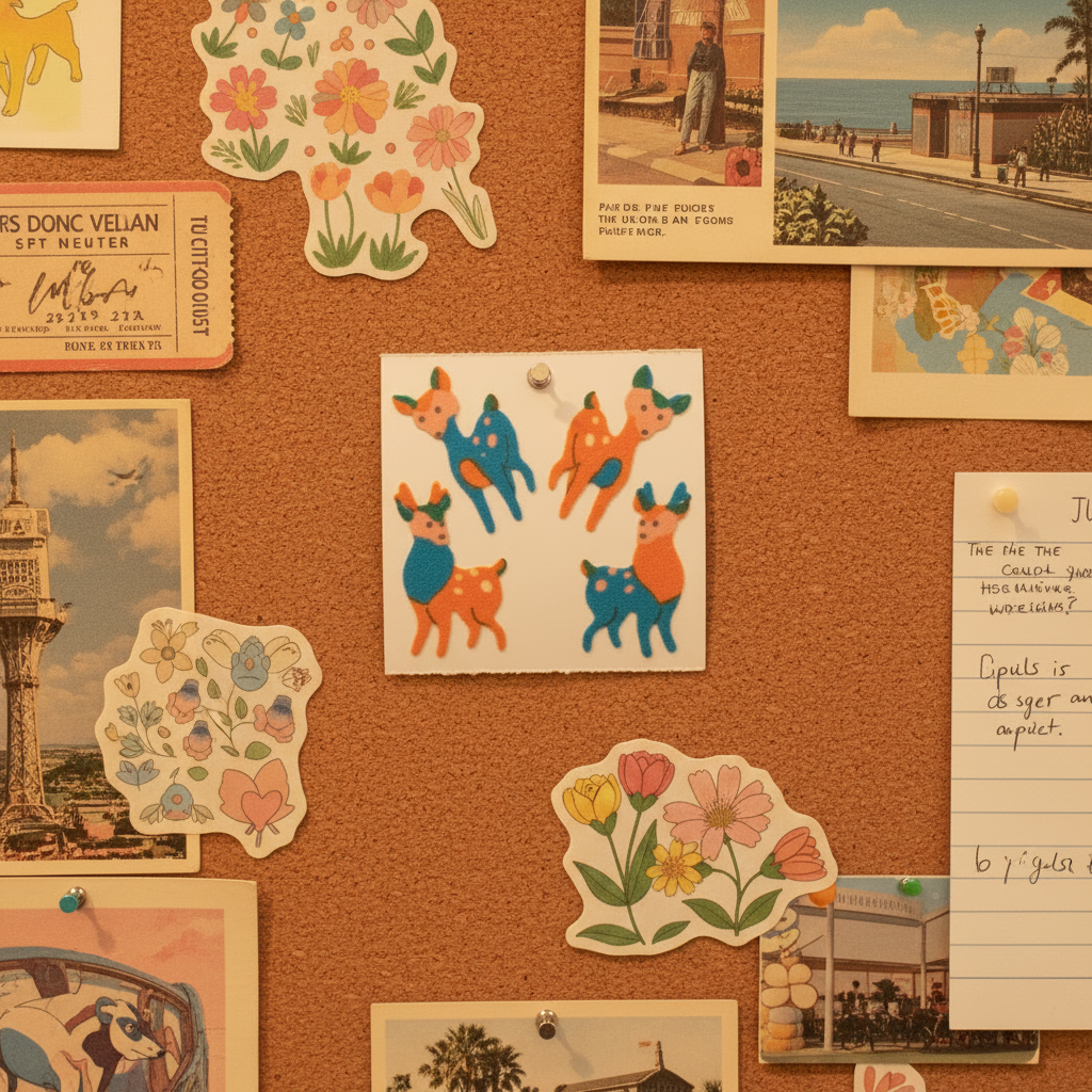 Vintage Great Seven Fuzzy Flocked Fawns Sticker Sheet — corkboard display