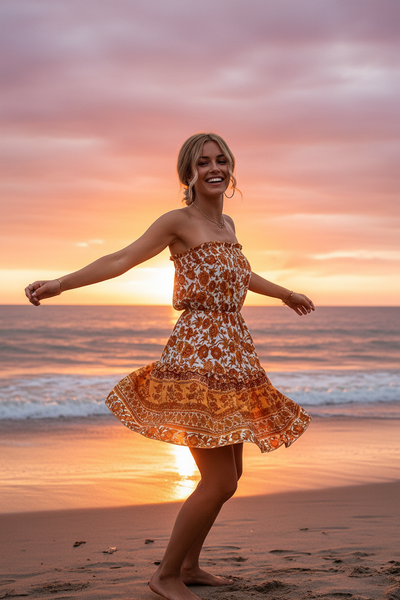 Vibrant Boho Floral Strapless Mini Dress – High Waist A-Line Beach Party Dress in Black & Orange