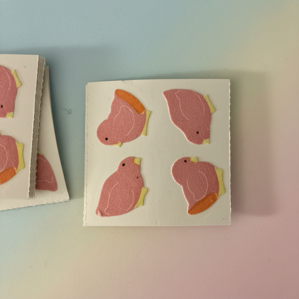 Close-up flat lay of vintage Great Seven fuzzy flocked chicks sticker sheet