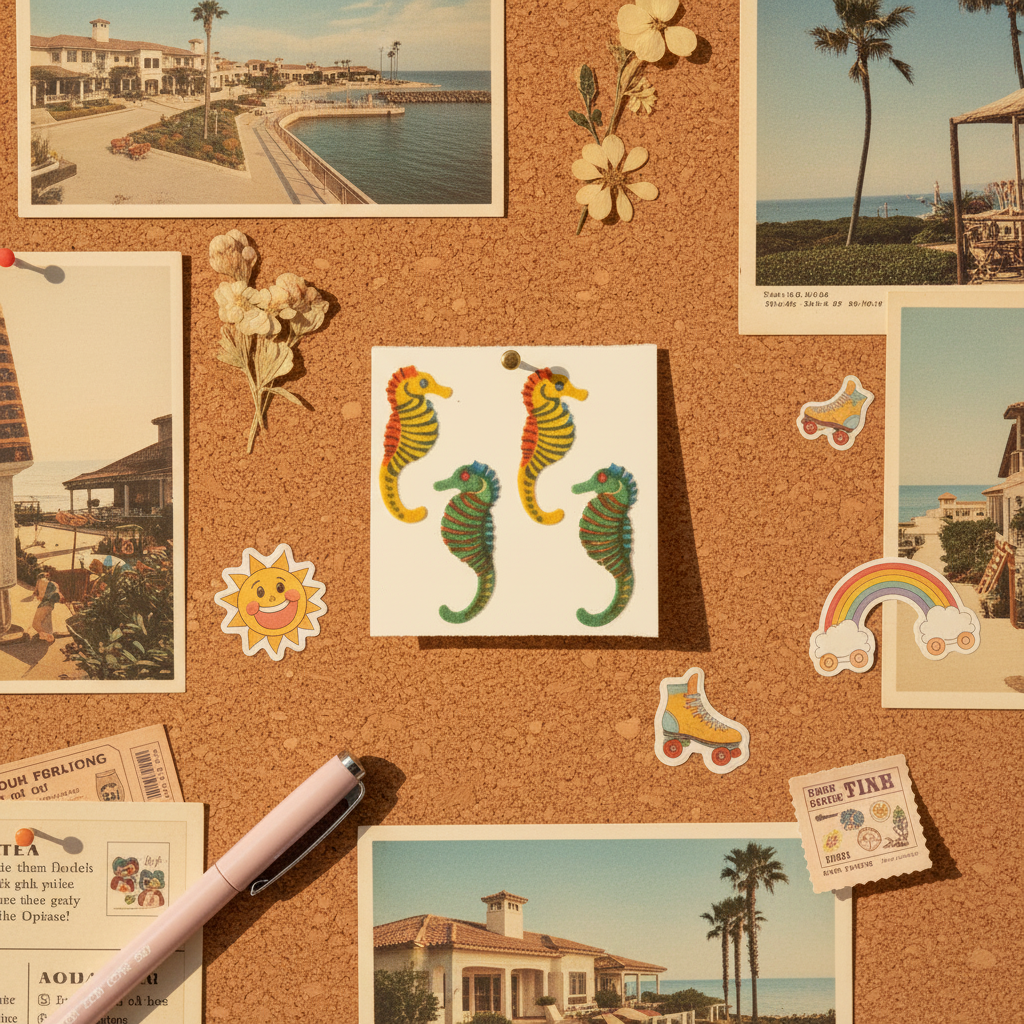 Vintage Great Seven Fuzzy Flocked Seahorses Sticker Sheet — corkboard display