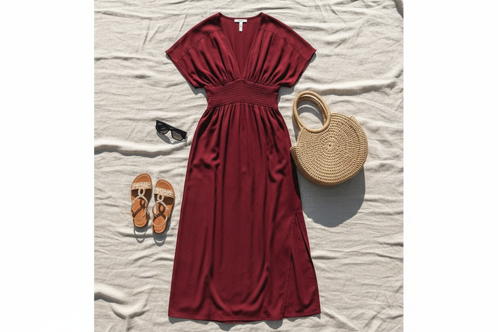 Bat-sleeve V-neck slit dress flat lay with sandals, woven bag and sunglasses