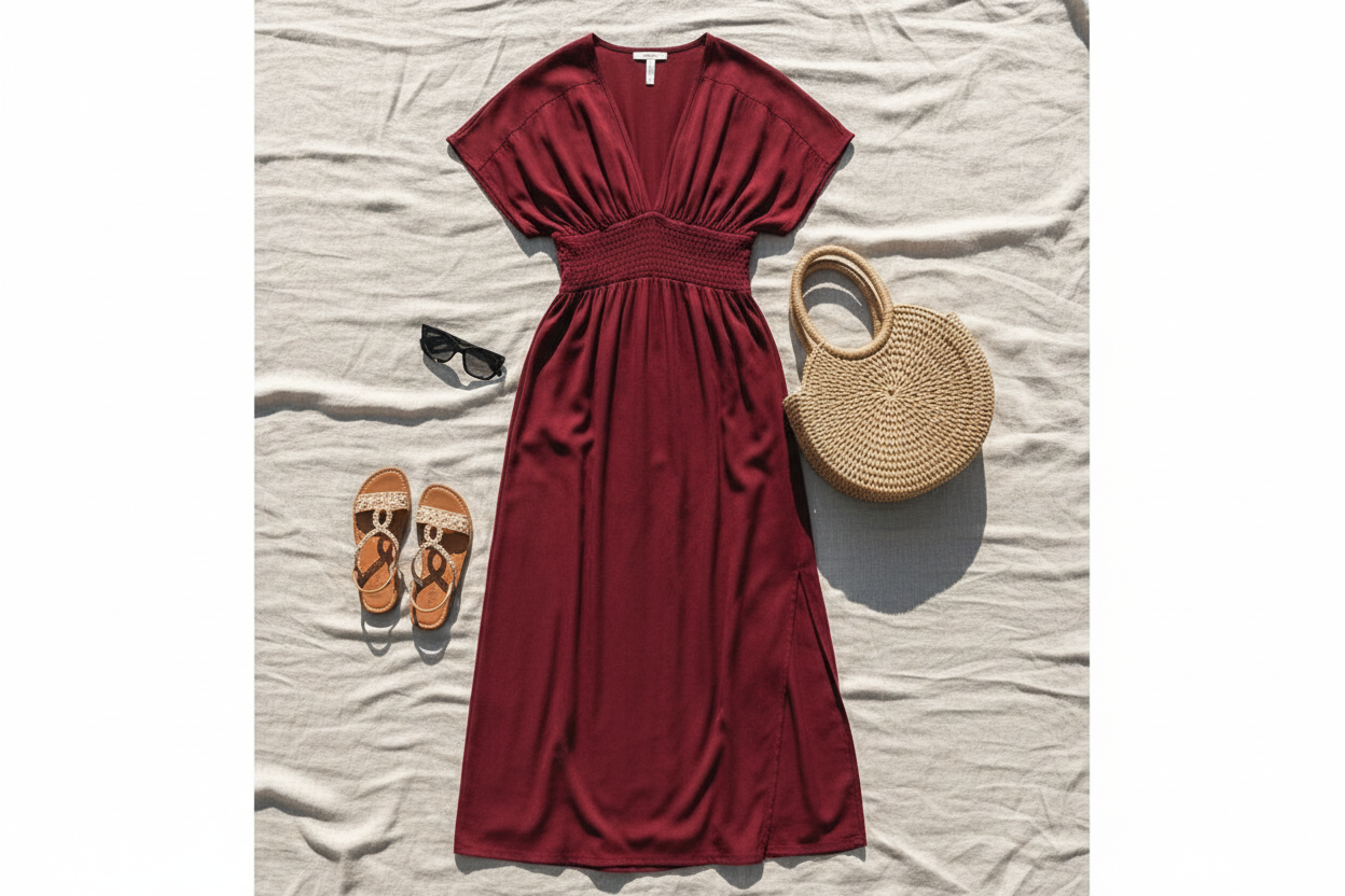 Bat-sleeve V-neck slit dress flat lay with sandals, woven bag and sunglasses