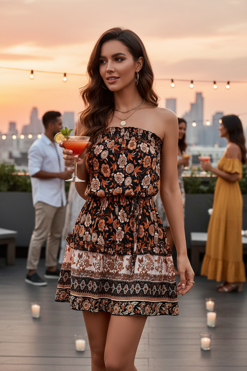Stylish woman in boho floral strapless dress at rooftop sunset party
